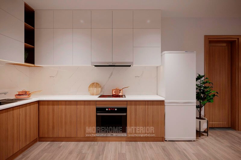 Đá ốp tường và mặt bếp màu trắng nổi bật trên nền một thiết kế tủ bếp đơn giản đẹp sẻ là điểm nhấn cho không gian bếp gia đình bạn Thiết kế tủ bếp đẹp